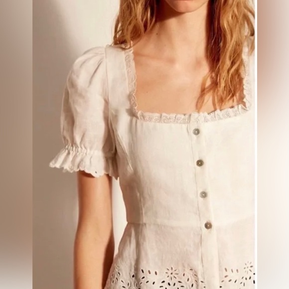 Aritzia Tops - Aritzia Wilfred Arwen White Linen Embroidered New Peplum Summer Blouse Sz 2